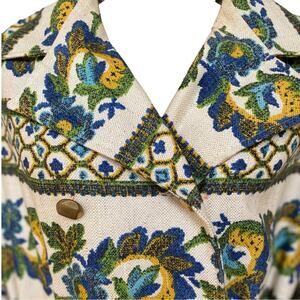 Vintage 70s Crème Blue Green Paisley Pattern Belted Boho Midi Length Trench Coat